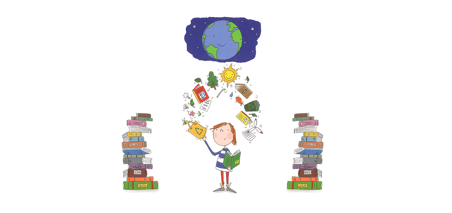 Illustration of girl juggling books and other items alongside two book stacks