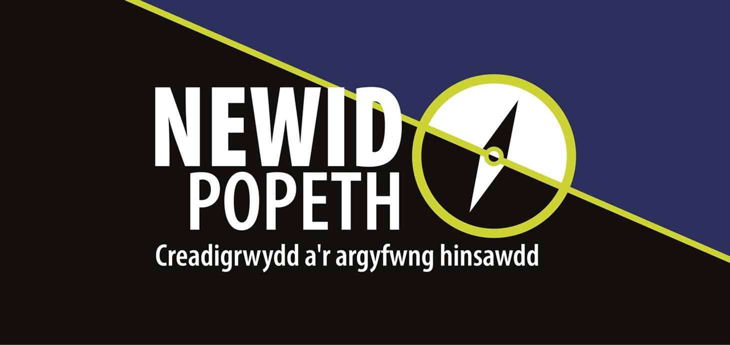 Graffeg sy'n cynnwys logo'r digwyddiad a'r testun canlynol: Newid Popeth | Creadigrwydd a'r argyfwng hinsawdd.