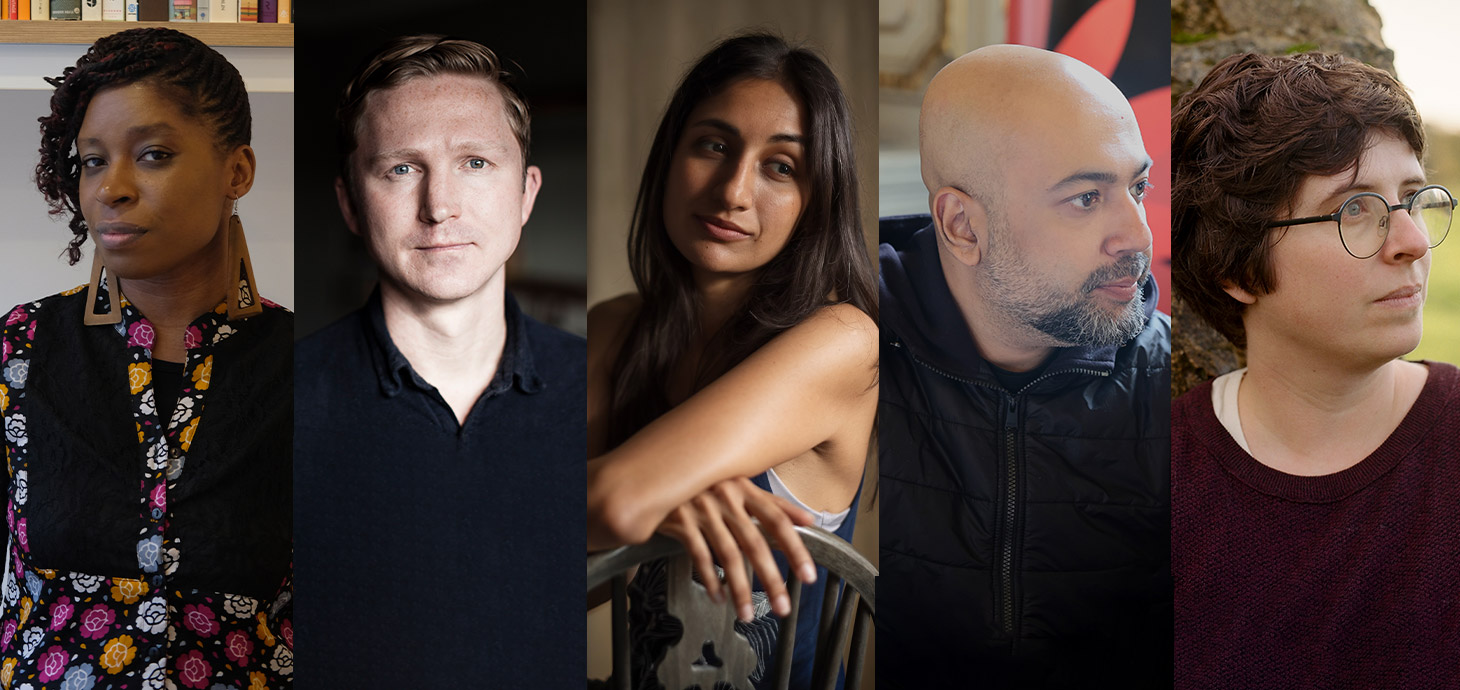 O'r chwith i'r dde: Irenosen Okojie, Joe Dunthorne, Nidhi Zak/Aria Eipe, Prajwal Parajuly, Eley Williams