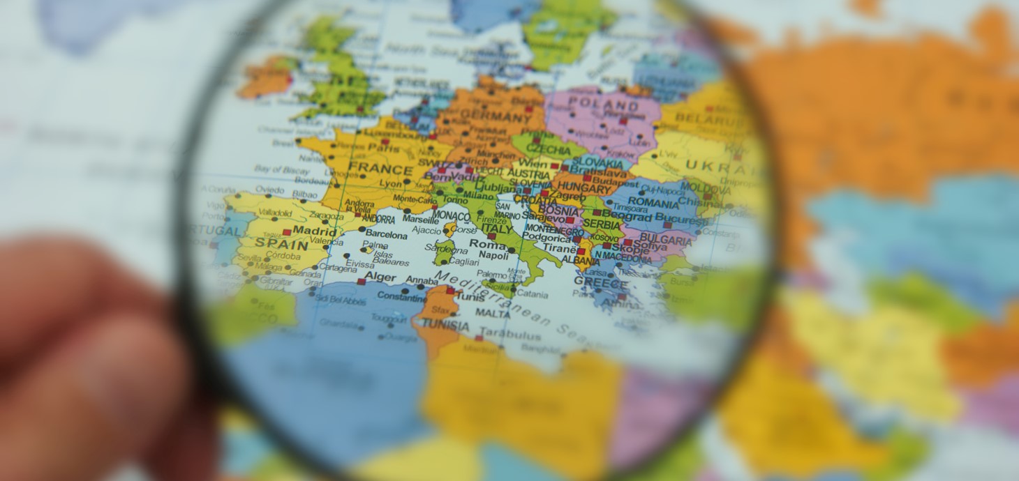 Close up of Europe on a map