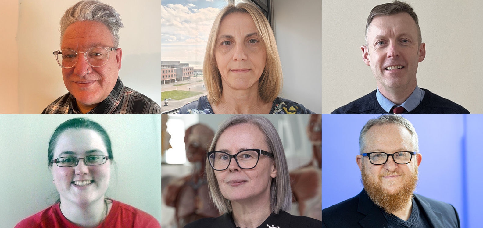 Chwe ffotograff pen a ysgwydd o faint cyfartal tri dyn a thri dynes.