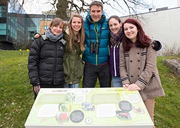 Iolo Williams with students on campus at launch of the Nature Trail