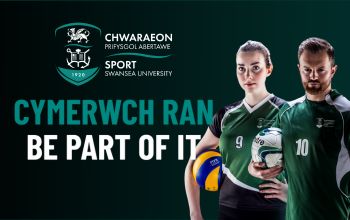 The new Swansea University Sports design, with a volleyball and football player 