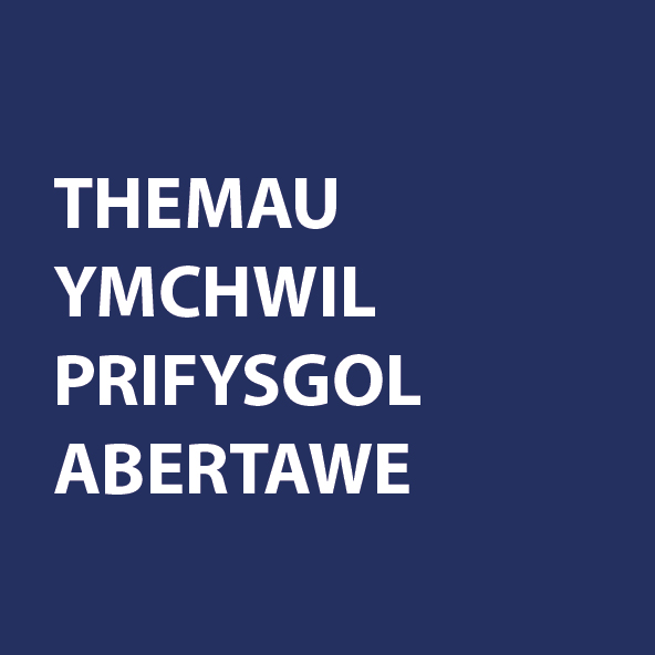 Text reads themau ymchwil prifysgol abertawe