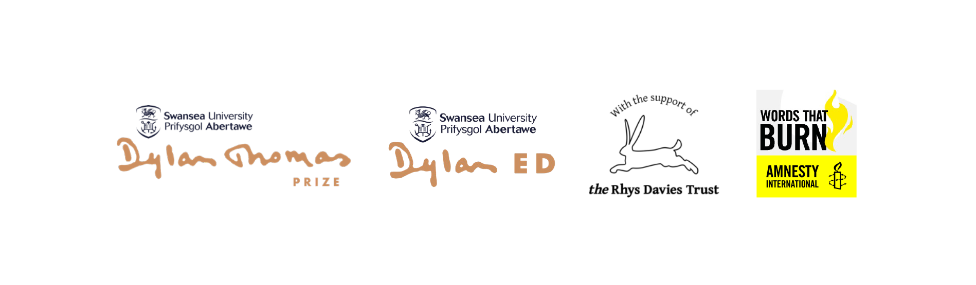 Logos of Dylan Thomas Prize, DylanED, Rhys Davies Trust and Amnesty International