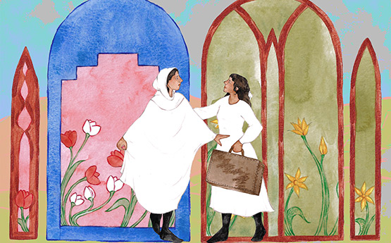 An illustration depicting two women dressed in white