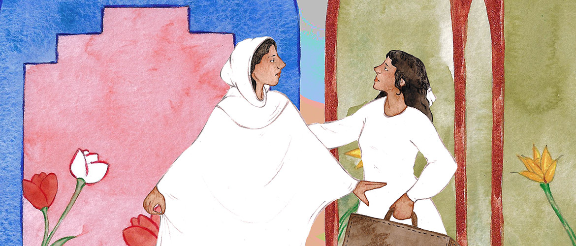 Illustration depicting two women dressed in white