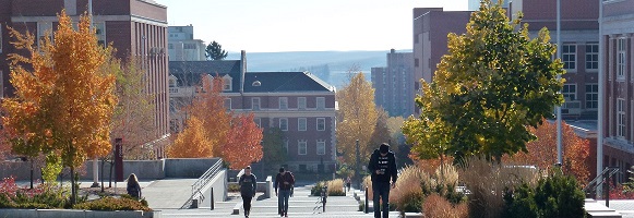 Students walking around the campus with autumnal trees and red brick buildings surrounding them