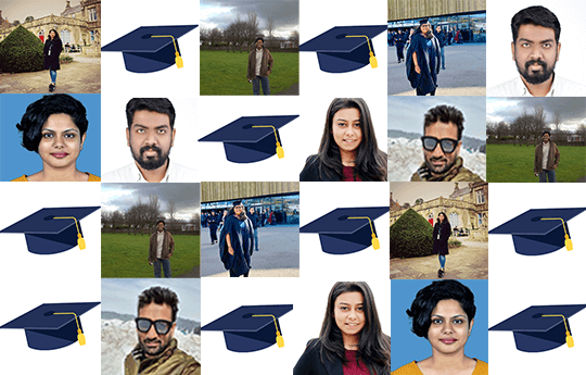 A collage of photos of our Indian alumni and an icon of the graduation cap symbolising a place for another alumni.