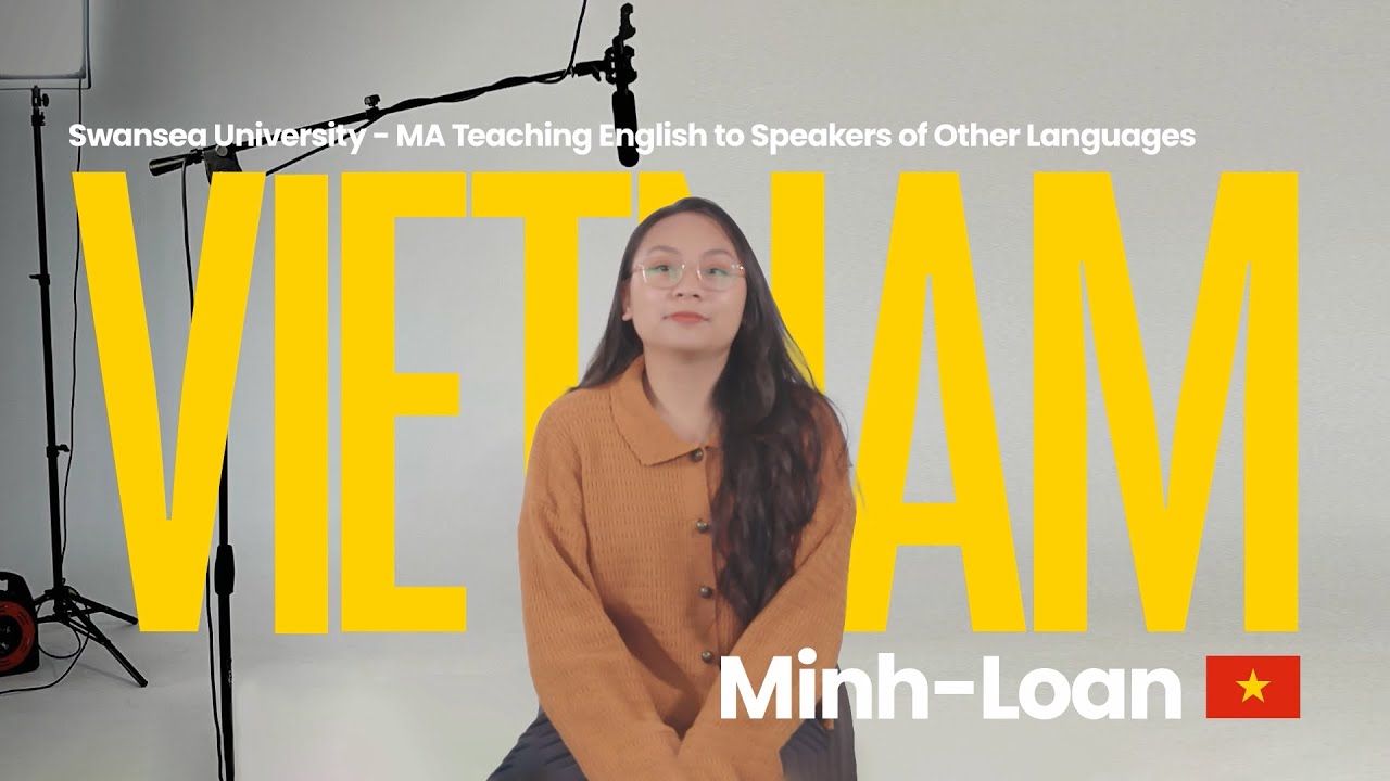 Image of Minh in a recording studio with the text 'Vietnam' behind her. 