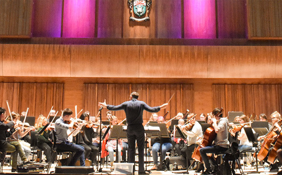 An orchestra on stage with a conductor