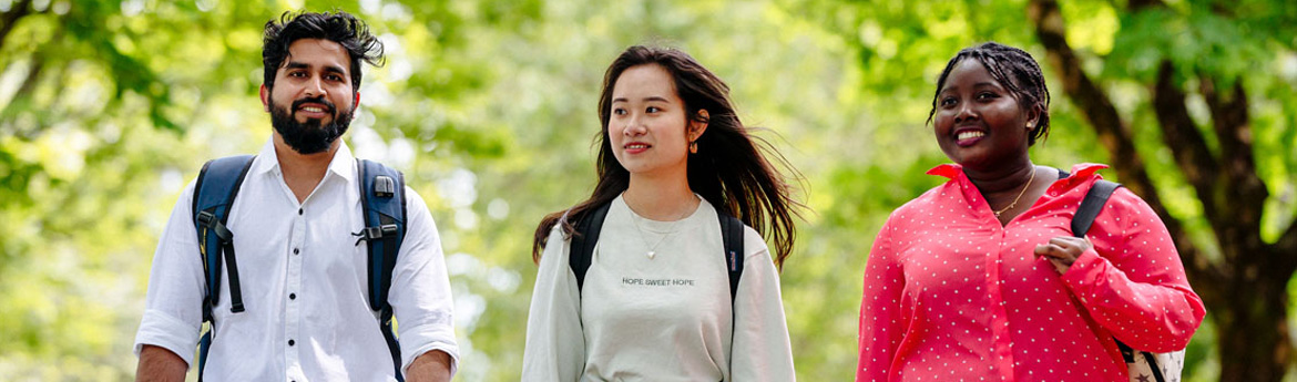 Three students walking together through the woods