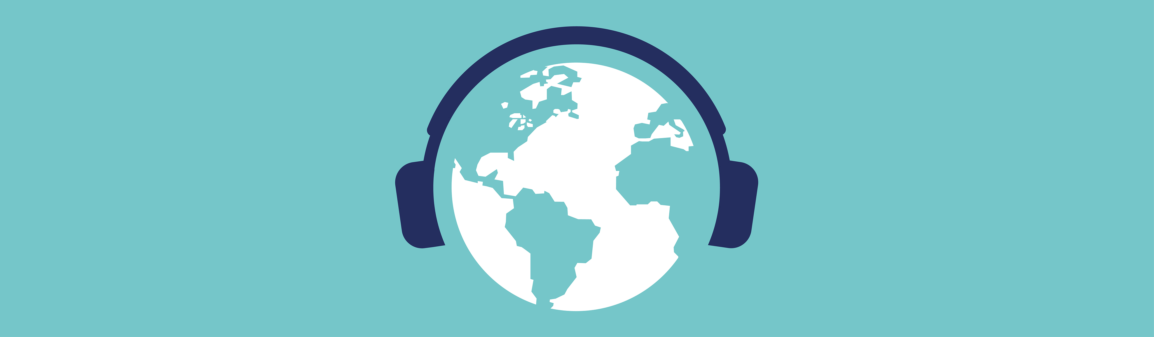 Graphic of a globe wearing headphones on a turquoise background