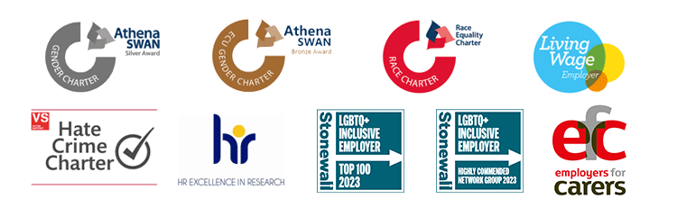 Logos: Real living wage, Athena swan, Race quality charter, HR excellence in research, employer for carers