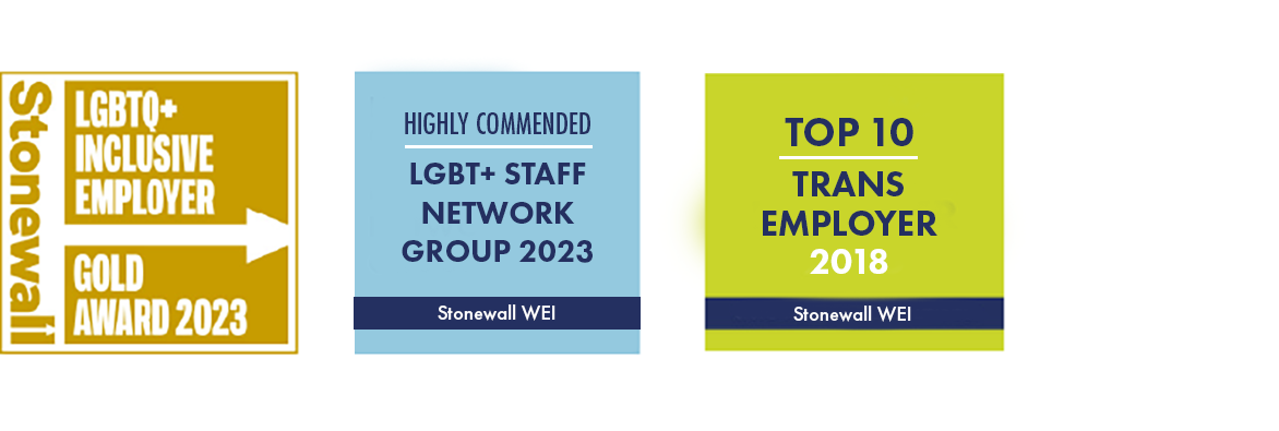 Stonewall Gold award top 100 logo, Highly Commended LGBT+ Staff Network Group, Stonewall WEI 2023, Top 10 Trans Employer 2018