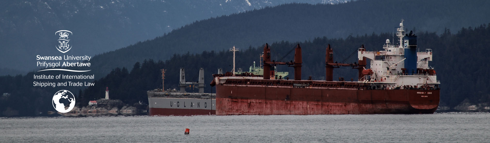 A ship sailing away from shore