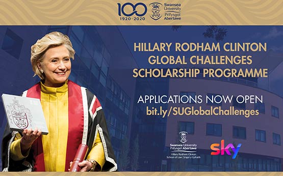 Photo of Hillary Rodham Clinton and information on how to apply for scholarship. 