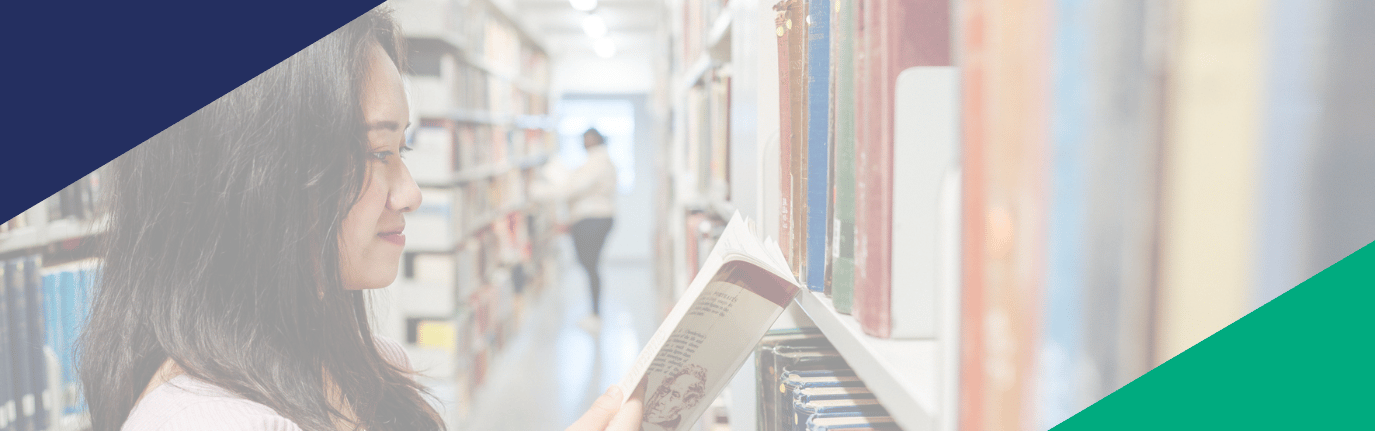 Student news article banner. A student reading a book by the library shelves with geometric shapes on the graphic. 