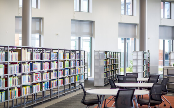 Bay Library Open Access Study Space. Image shows desks with chairs and books on shelves.