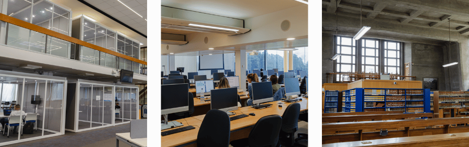 Three images of library study spaces