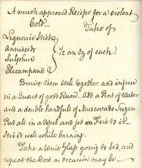 18th century cure for a violent cold