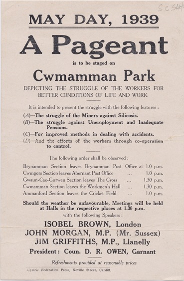 Poster advertising May Day Pageant at Cwmamman Park, 1939