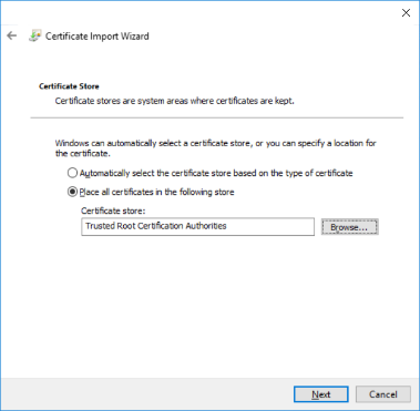 The Certificate Import Wizard Window showing the store where the certificate is to be kept within the device.