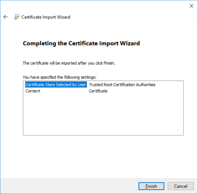 The Certificate Import Wizard Window showing the finish option.