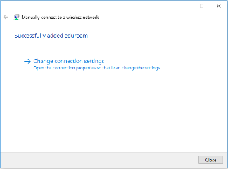 The Manually connect to a wireless network window with the change connection settings option.