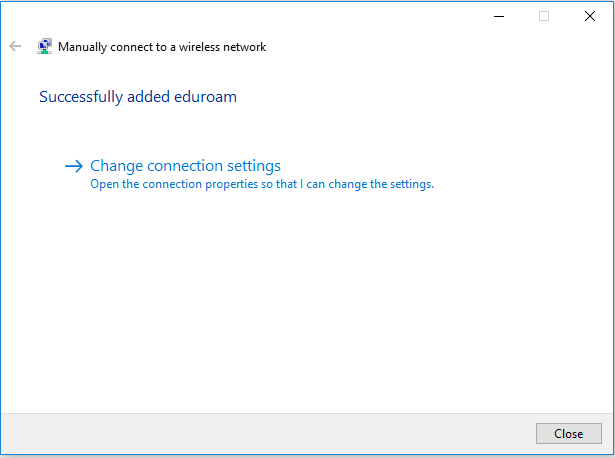The Manually connect to a wireless network window with the change connection settings option.