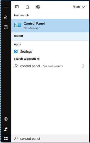 A windows search for Control Panel.