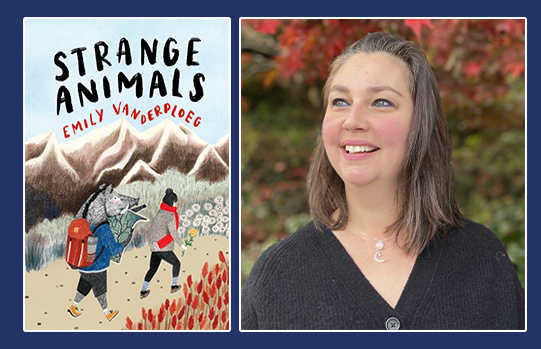 'Strange Animals book cover on left, portrait of Emily Vanderploeg on the right