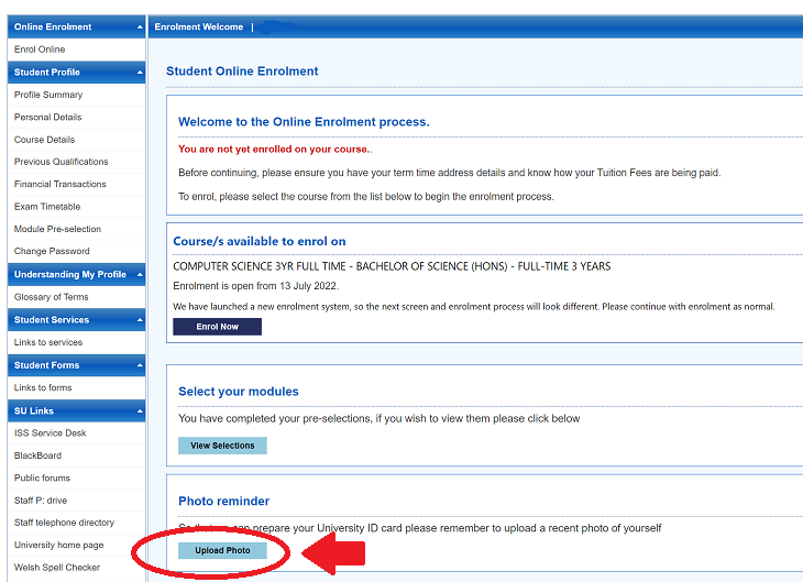 A screenshot of the online enrolment page with the Upload Photo button selected