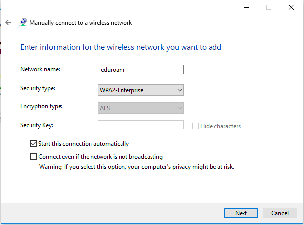 The Manually connect to a wireless network window with the network information filled in.