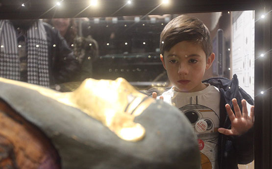 Boy looking at mummy sarcophagus