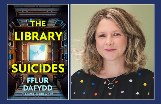 Image of the cover of 'The Library Suicides' on the left and a portrait photo of Fflur Dafydd on the left