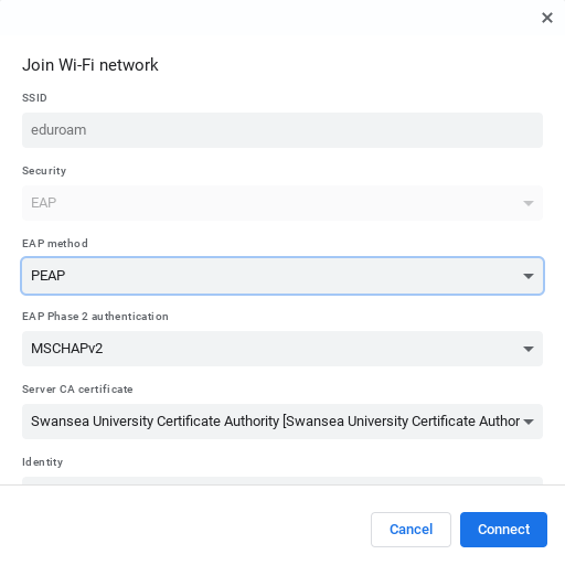 A screenshot of the top half of the Join Wi-Fi Network screen, showing the following settings: SSID - eduroam; Security - EAP; EAP method - PEAP; EAP Phase 2 authentication - MSCHAPV2; Server CA certificate - Swansea University Certificate Authority.