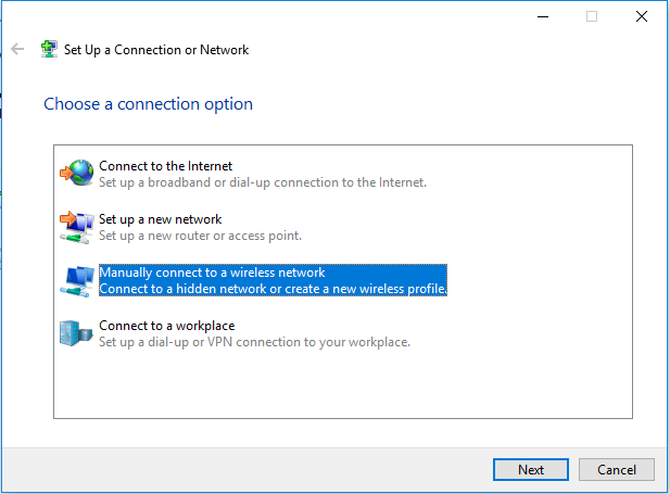 The Set up a new connection window with Manually connect to a wireless network highlighted.