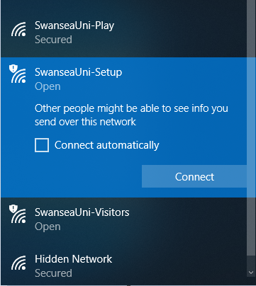 Windows 10 list of Wi-Fi networks with the SwanseaUni-Setup network highlighted