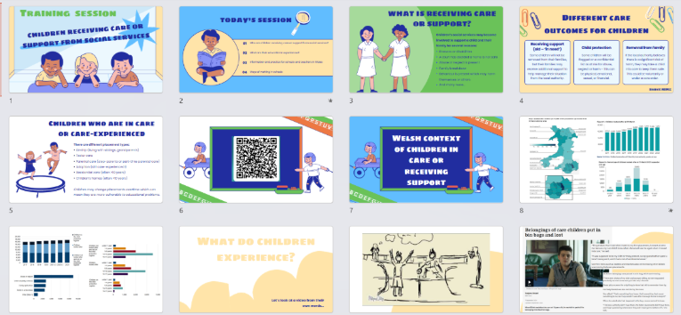 Grid of presentation slides on children receiving care or social support