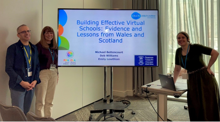 Three presenters beside a screen on virtual schools research in Wales and Scotland
