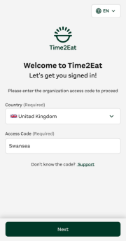 Welcome to Time2Eat app screen