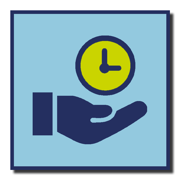 an icon depicting a hand holding a clock