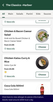 Screenshot of a selection of meals on the catering app including caesar salad and katsu curry