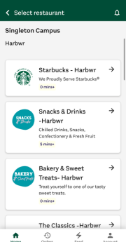A list of options on the catering app, from bakery to coffee shop