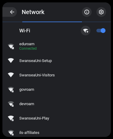 A screenshot of the Network pane showing the list of Wi-Fi networks within range of the device, with the eduroam network marked 'connected'.