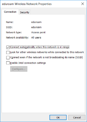 The eduroam Wireless Network Properties window.