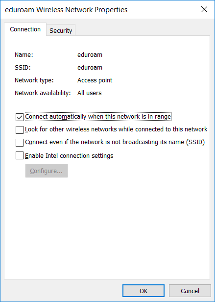The eduroam Wireless Network Properties window.