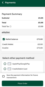 A payment screen on the catering app