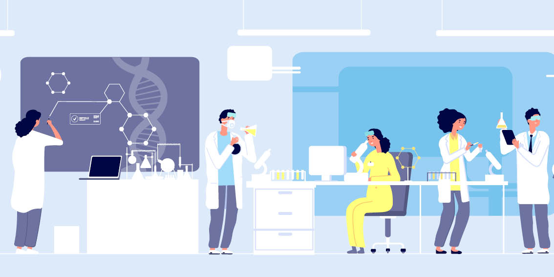 Illustration of people working in science laboratories